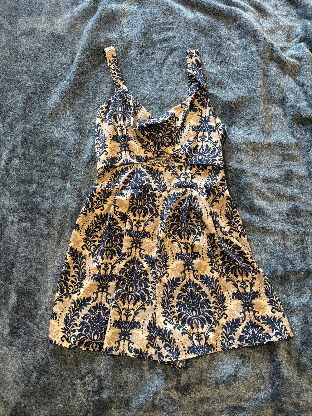 SHEIN Blue and Cream Damask Print Romper